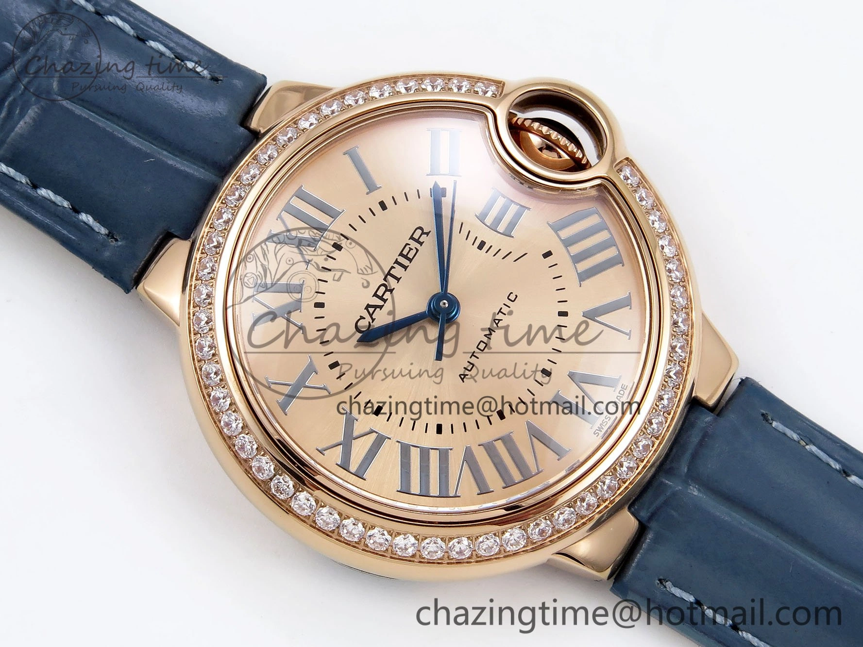 Ballon Bleu 33mm RG AF 1:1 Best Edition RG Dial Diamonds Bezel on Blue Leather Strap SEIKO NH05A Thermal 6040
