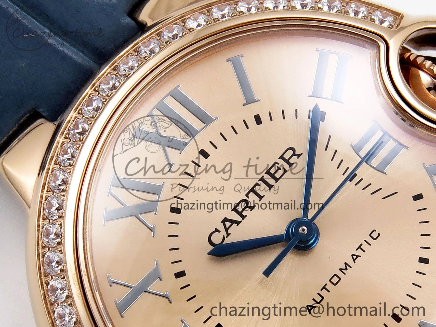 Ballon Bleu 33mm RG AF 1:1 Best Edition RG Dial Diamonds Bezel on Blue Leather Strap SEIKO NH05A Thermal 6040