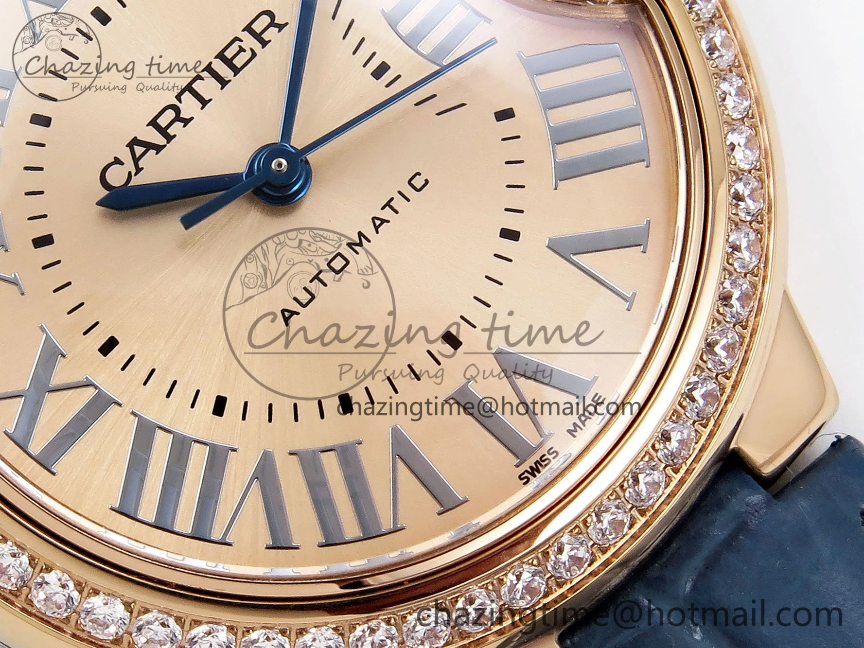 Ballon Bleu 33mm RG AF 1:1 Best Edition RG Dial Diamonds Bezel on Blue Leather Strap SEIKO NH05A Thermal 6040