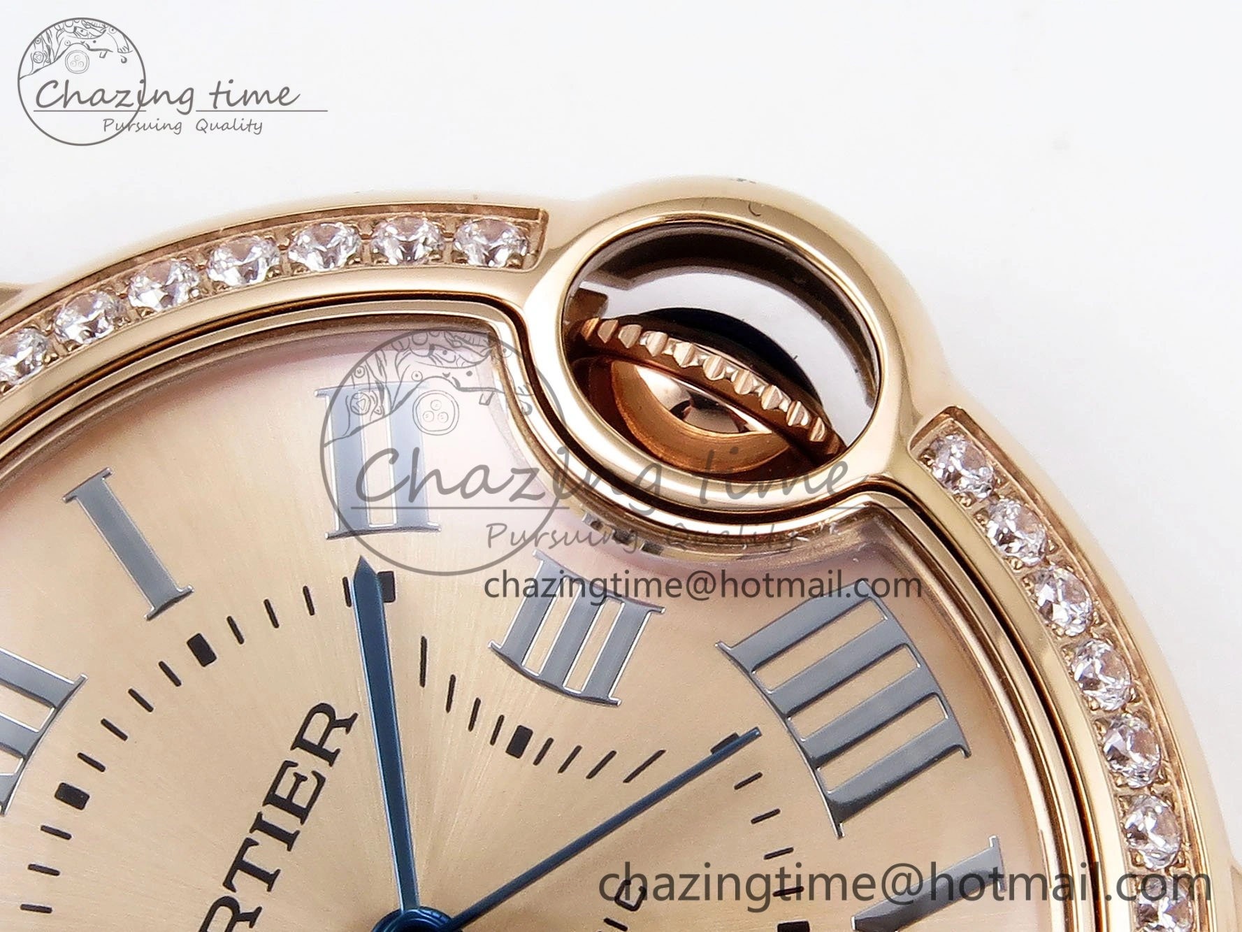 Ballon Bleu 33mm RG AF 1:1 Best Edition RG Dial Diamonds Bezel on Blue Leather Strap SEIKO NH05A Thermal 6040