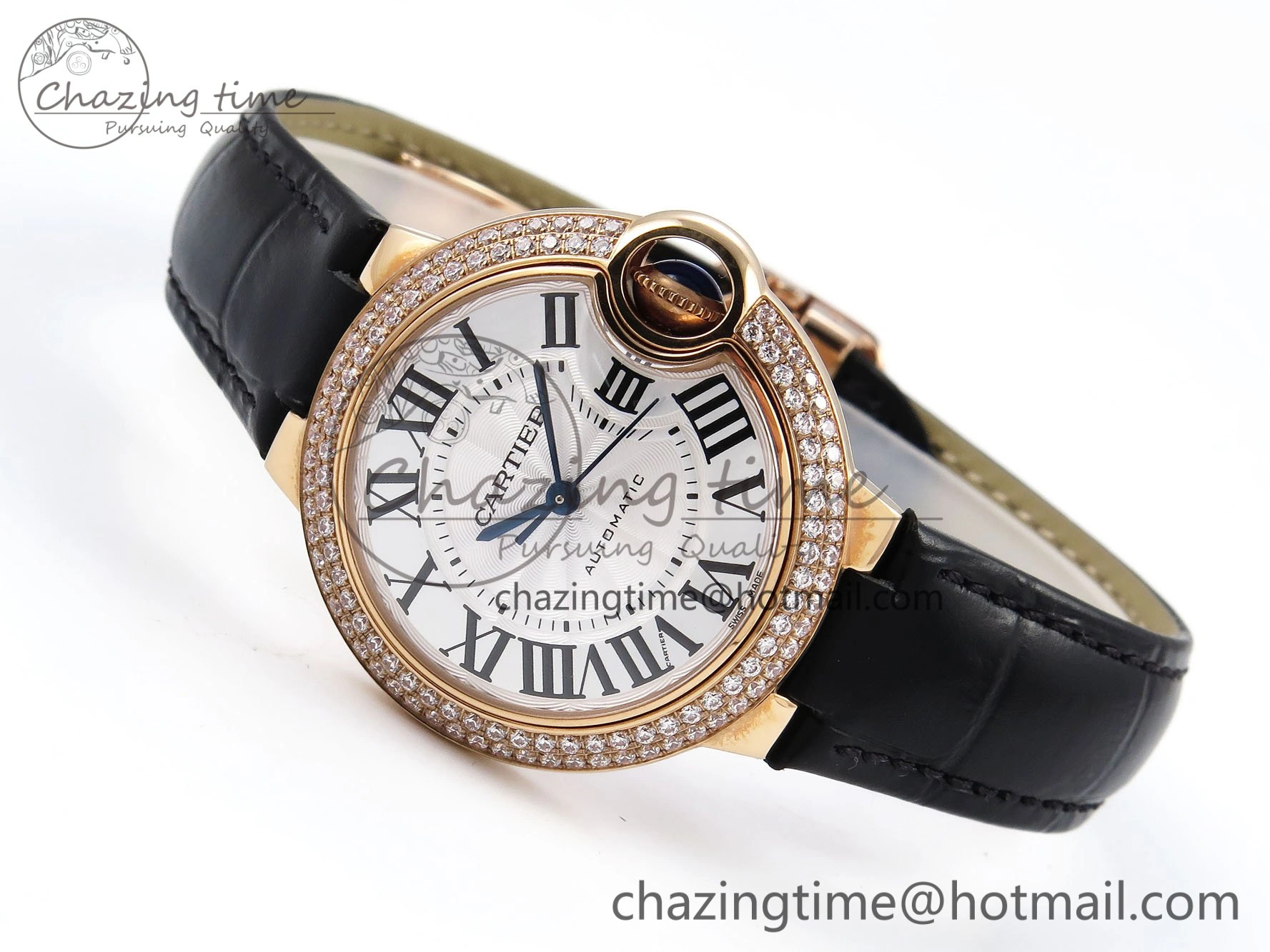 Sporty Ballon Bleu 33mm RG AF 1:1 Best Edition Silver Dial Diamonds Bezel on Black Leather Strap SEIKO NH05A 6034