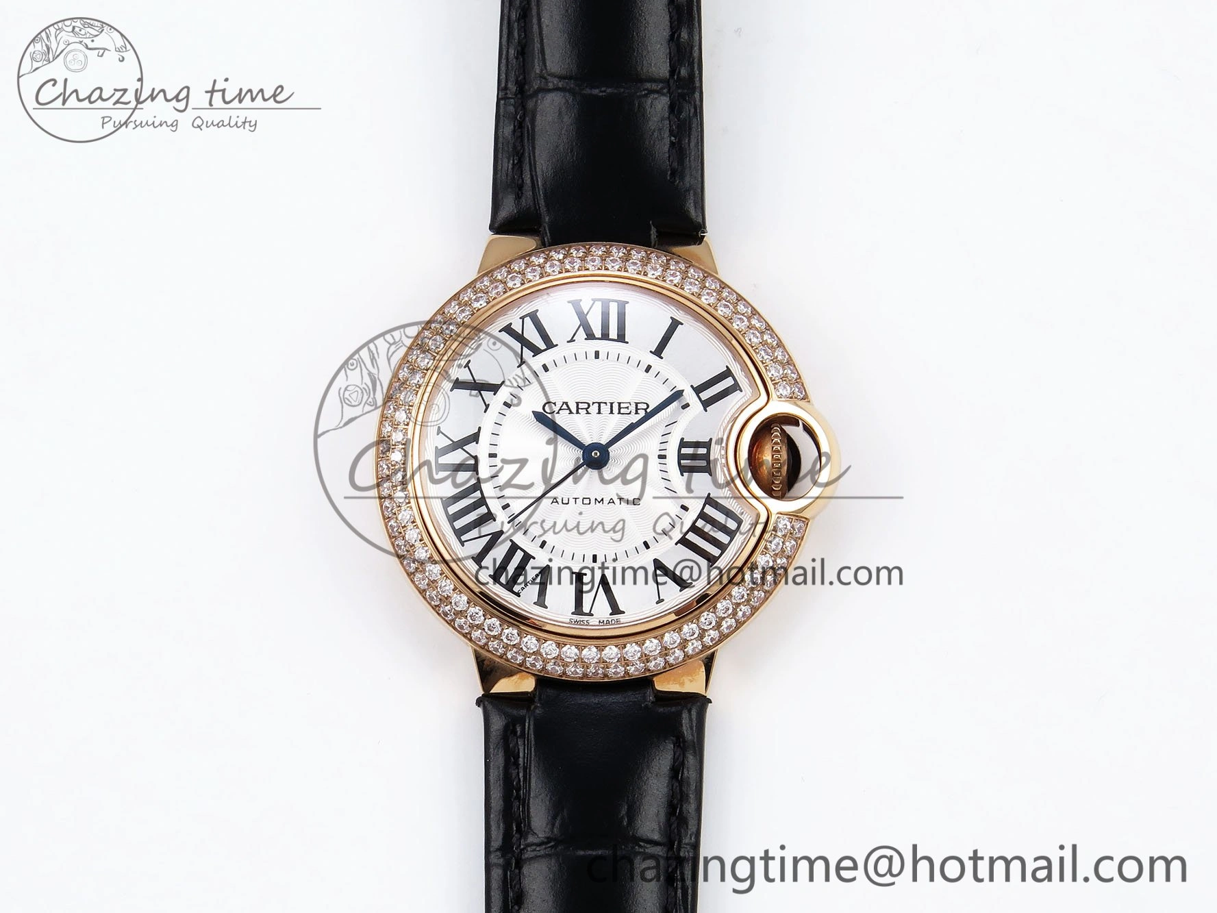 Sporty Ballon Bleu 33mm RG AF 1:1 Best Edition Silver Dial Diamonds Bezel on Black Leather Strap SEIKO NH05A 6034
