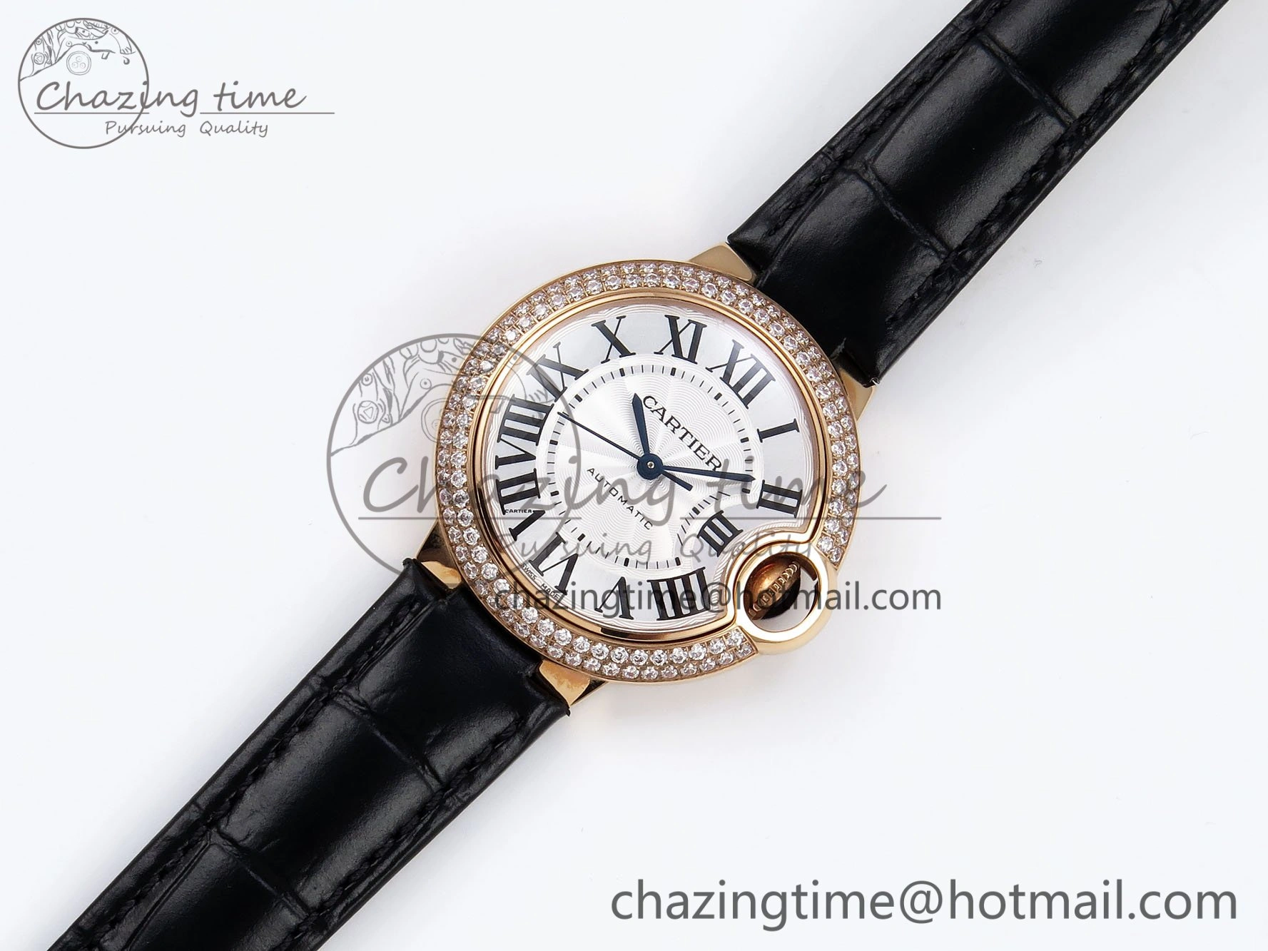 Sporty Ballon Bleu 33mm RG AF 1:1 Best Edition Silver Dial Diamonds Bezel on Black Leather Strap SEIKO NH05A 6034
