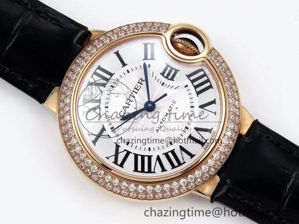 Sporty Ballon Bleu 33mm RG AF 1:1 Best Edition Silver Dial Diamonds Bezel on Black Leather Strap SEIKO NH05A 6034