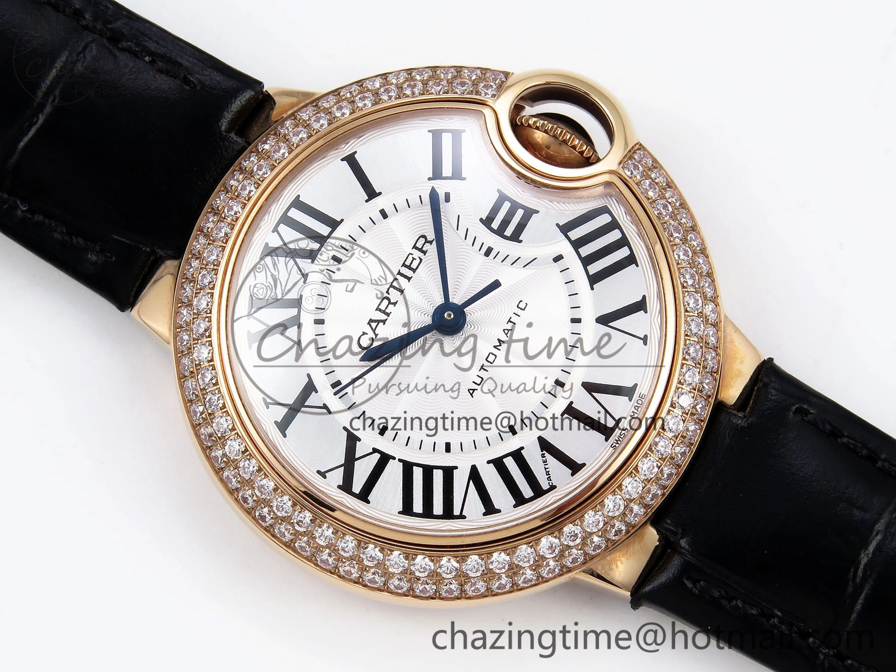 Sporty Ballon Bleu 33mm RG AF 1:1 Best Edition Silver Dial Diamonds Bezel on Black Leather Strap SEIKO NH05A 6034