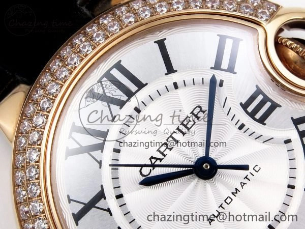 Sporty Ballon Bleu 33mm RG AF 1:1 Best Edition Silver Dial Diamonds Bezel on Black Leather Strap SEIKO NH05A 6034