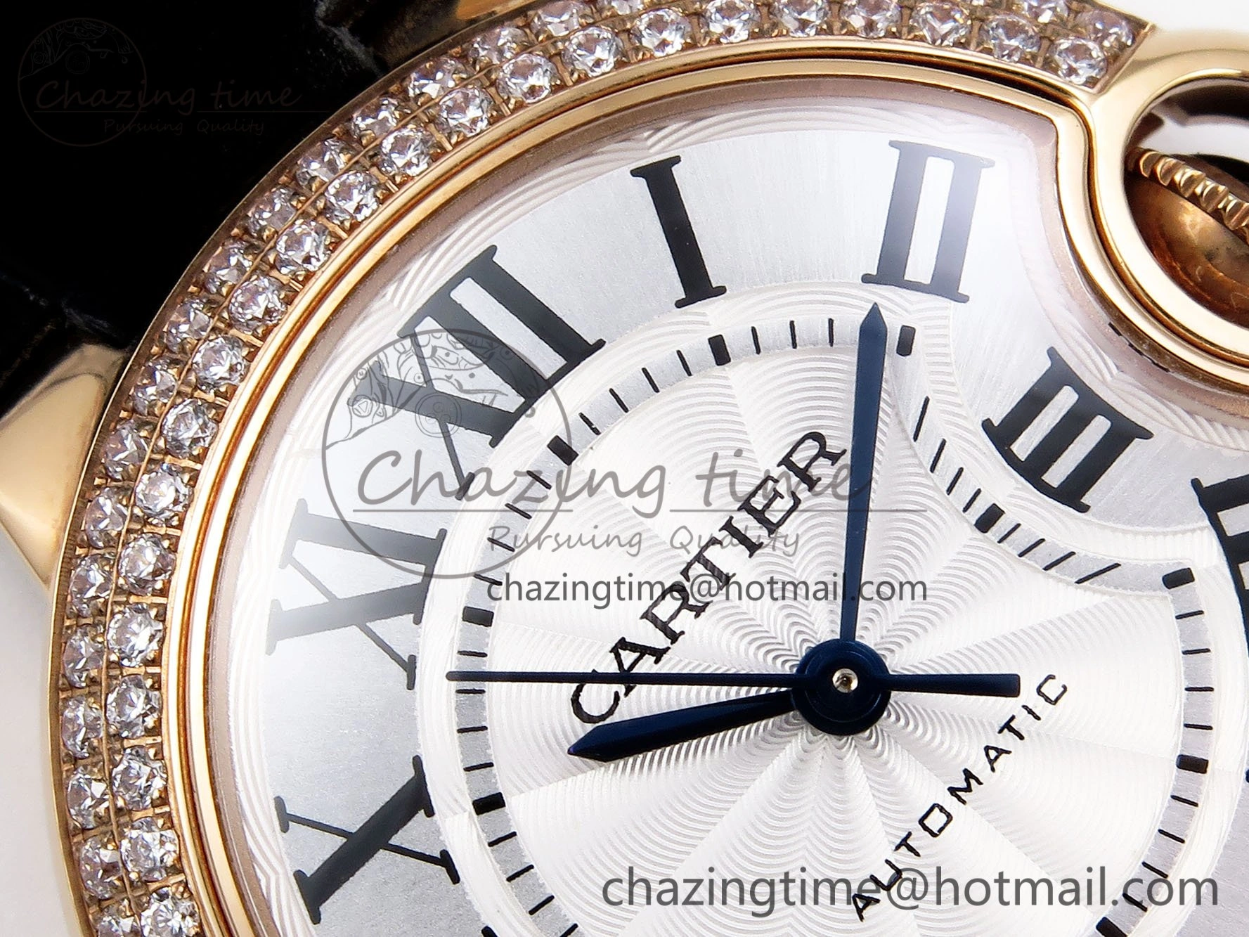 Sporty Ballon Bleu 33mm RG AF 1:1 Best Edition Silver Dial Diamonds Bezel on Black Leather Strap SEIKO NH05A 6034