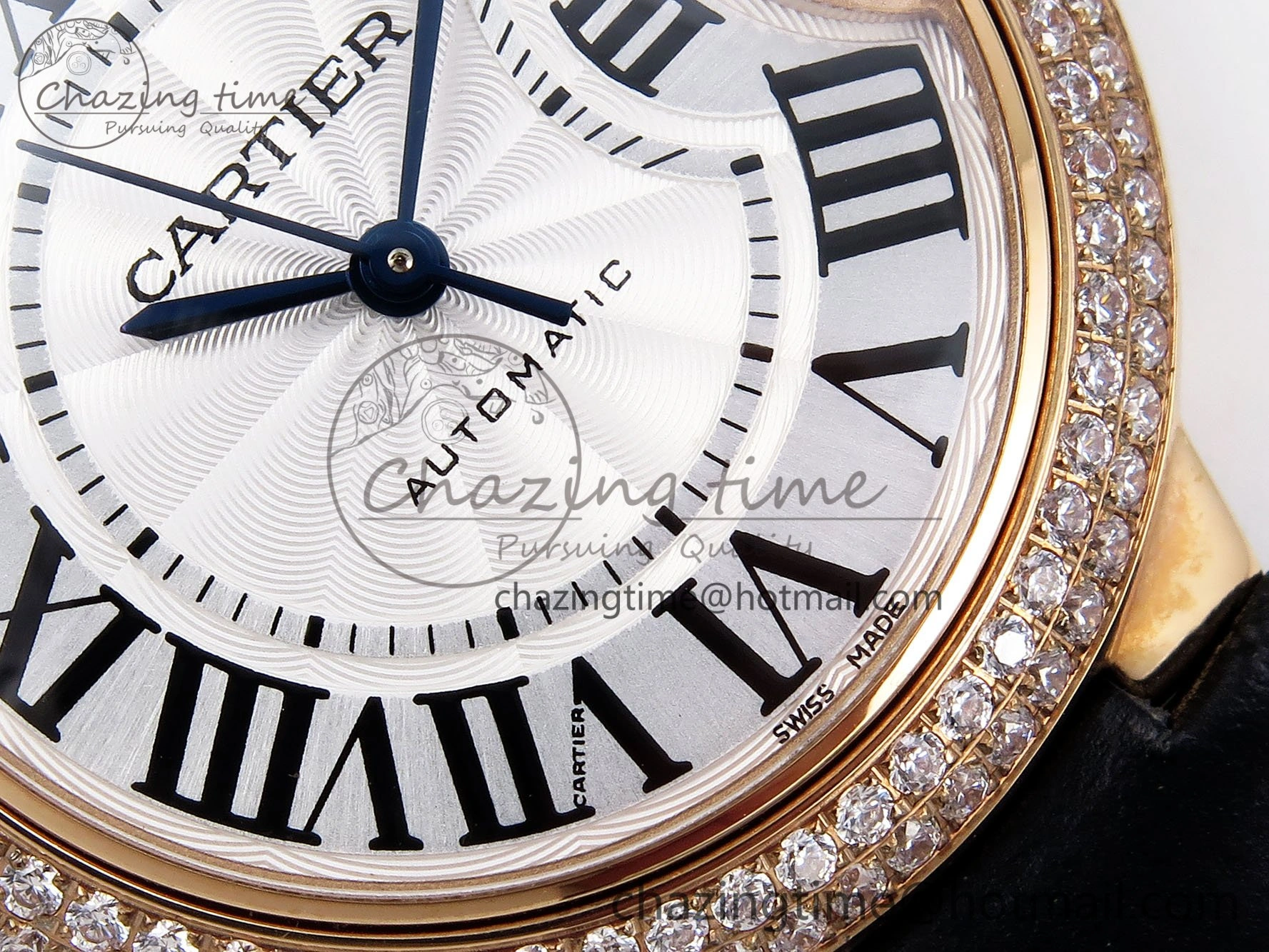 Sporty Ballon Bleu 33mm RG AF 1:1 Best Edition Silver Dial Diamonds Bezel on Black Leather Strap SEIKO NH05A 6034