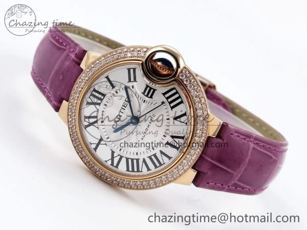 Ballon Bleu 33mm RG AF 1:1 Best Edition Silver Dial Diamonds Bezel on Purple Leather Strap SEIKO NH05A Casual 6037
