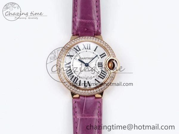 Ballon Bleu 33mm RG AF 1:1 Best Edition Silver Dial Diamonds Bezel on Purple Leather Strap SEIKO NH05A Casual 6037