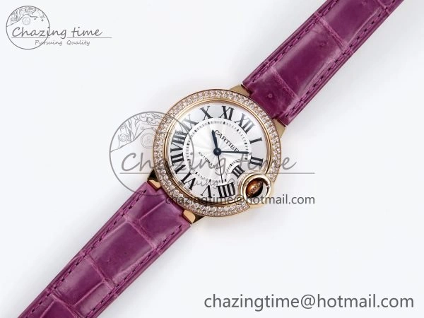 Ballon Bleu 33mm RG AF 1:1 Best Edition Silver Dial Diamonds Bezel on Purple Leather Strap SEIKO NH05A Casual 6037