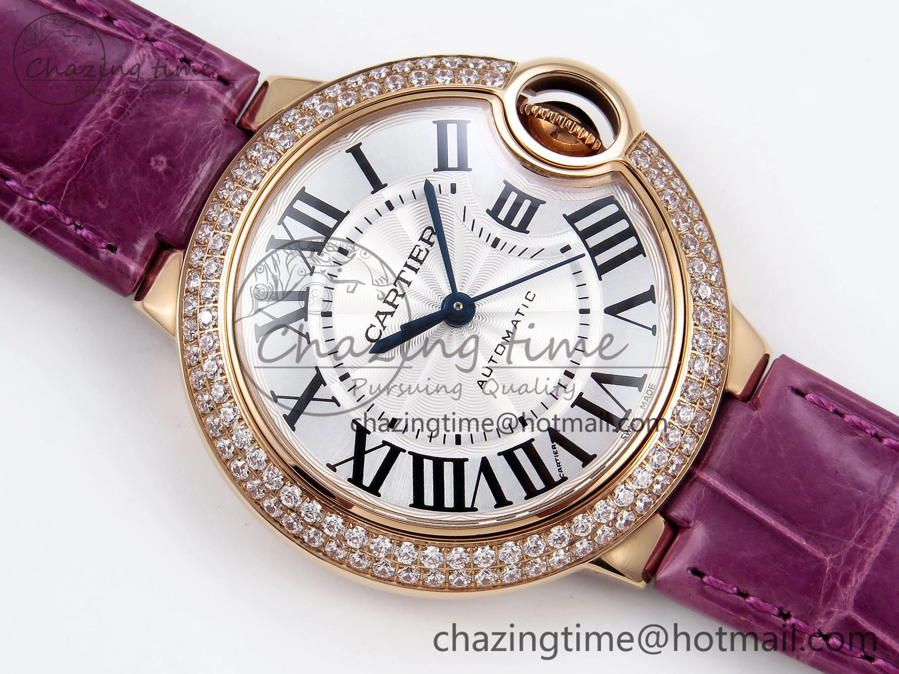 Ballon Bleu 33mm RG AF 1:1 Best Edition Silver Dial Diamonds Bezel on Purple Leather Strap SEIKO NH05A Casual 6037