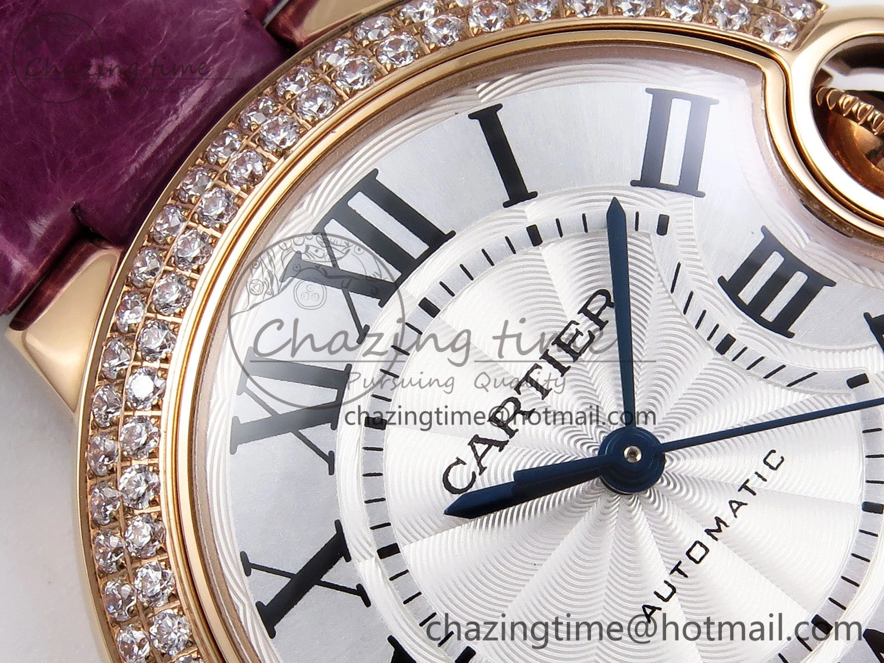 Ballon Bleu 33mm RG AF 1:1 Best Edition Silver Dial Diamonds Bezel on Purple Leather Strap SEIKO NH05A Casual 6037