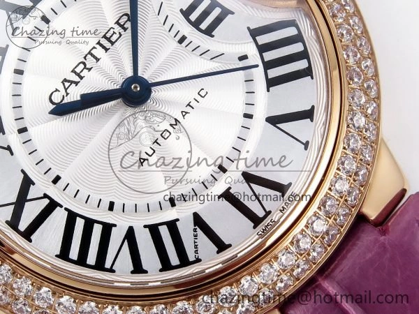 Ballon Bleu 33mm RG AF 1:1 Best Edition Silver Dial Diamonds Bezel on Purple Leather Strap SEIKO NH05A Casual 6037