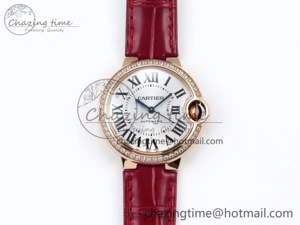 Ballon Bleu 33mm RG AF 1:1 Best Edition Silver Dial Diamonds Bezel on Red Leather Strap SEIKO NH05A TopPick 6039
