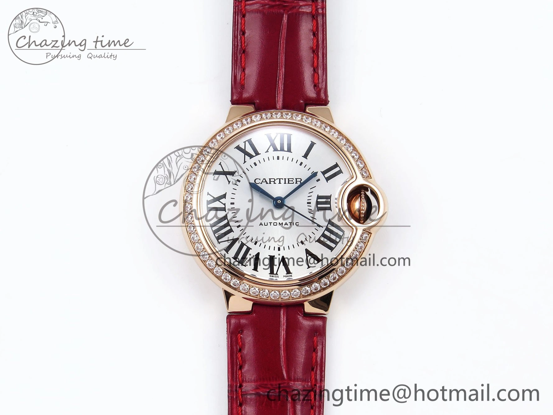 Ballon Bleu 33mm RG AF 1:1 Best Edition Silver Dial Diamonds Bezel on Red Leather Strap SEIKO NH05A TopPick 6039