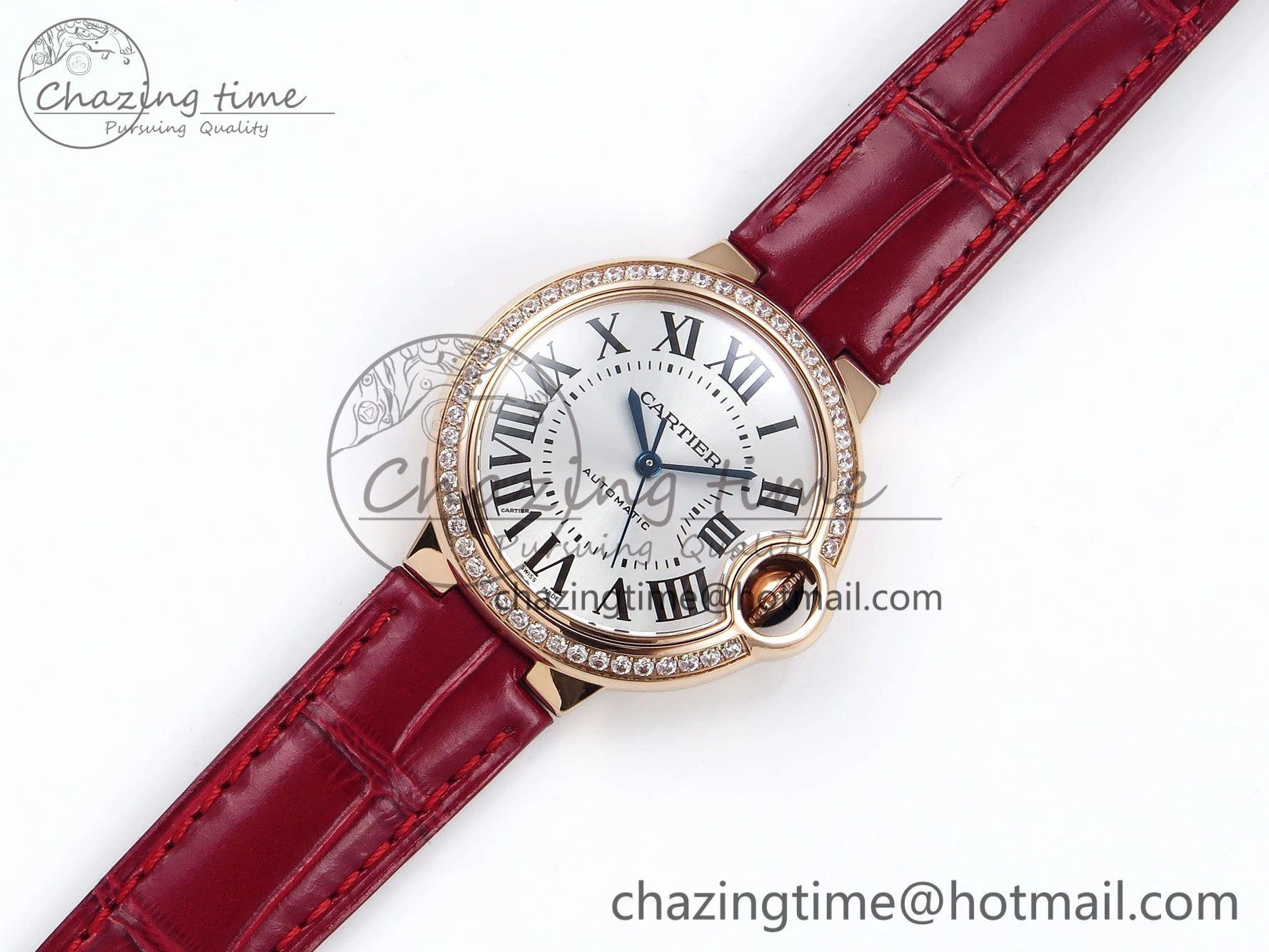 Ballon Bleu 33mm RG AF 1:1 Best Edition Silver Dial Diamonds Bezel on Red Leather Strap SEIKO NH05A TopPick 6039