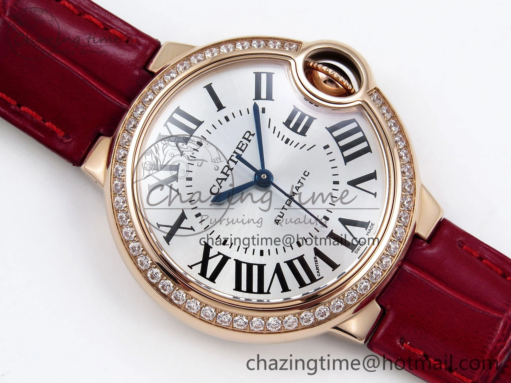 Ballon Bleu 33mm RG AF 1:1 Best Edition Silver Dial Diamonds Bezel on Red Leather Strap SEIKO NH05A TopPick 6039