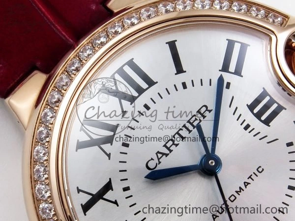Ballon Bleu 33mm RG AF 1:1 Best Edition Silver Dial Diamonds Bezel on Red Leather Strap SEIKO NH05A TopPick 6039