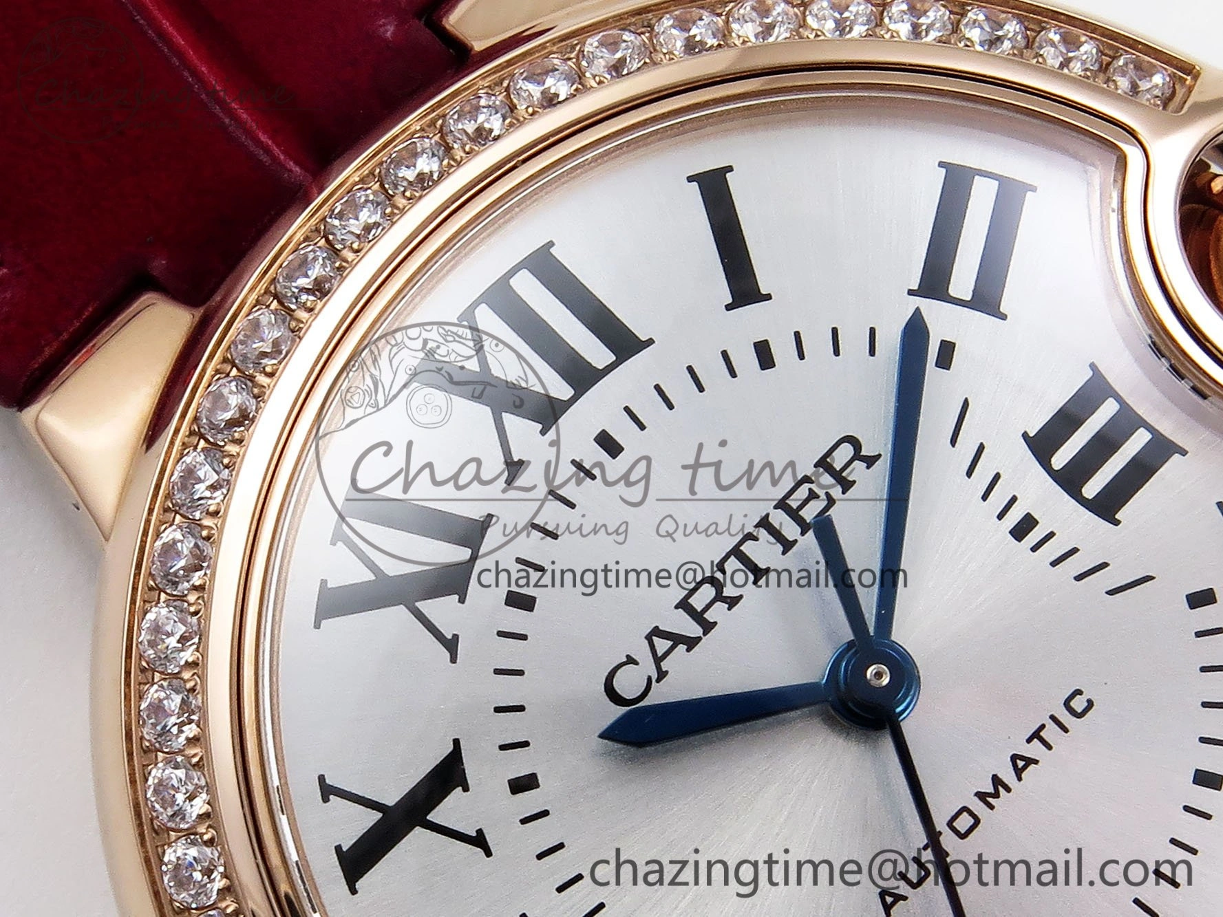 Ballon Bleu 33mm RG AF 1:1 Best Edition Silver Dial Diamonds Bezel on Red Leather Strap SEIKO NH05A TopPick 6039