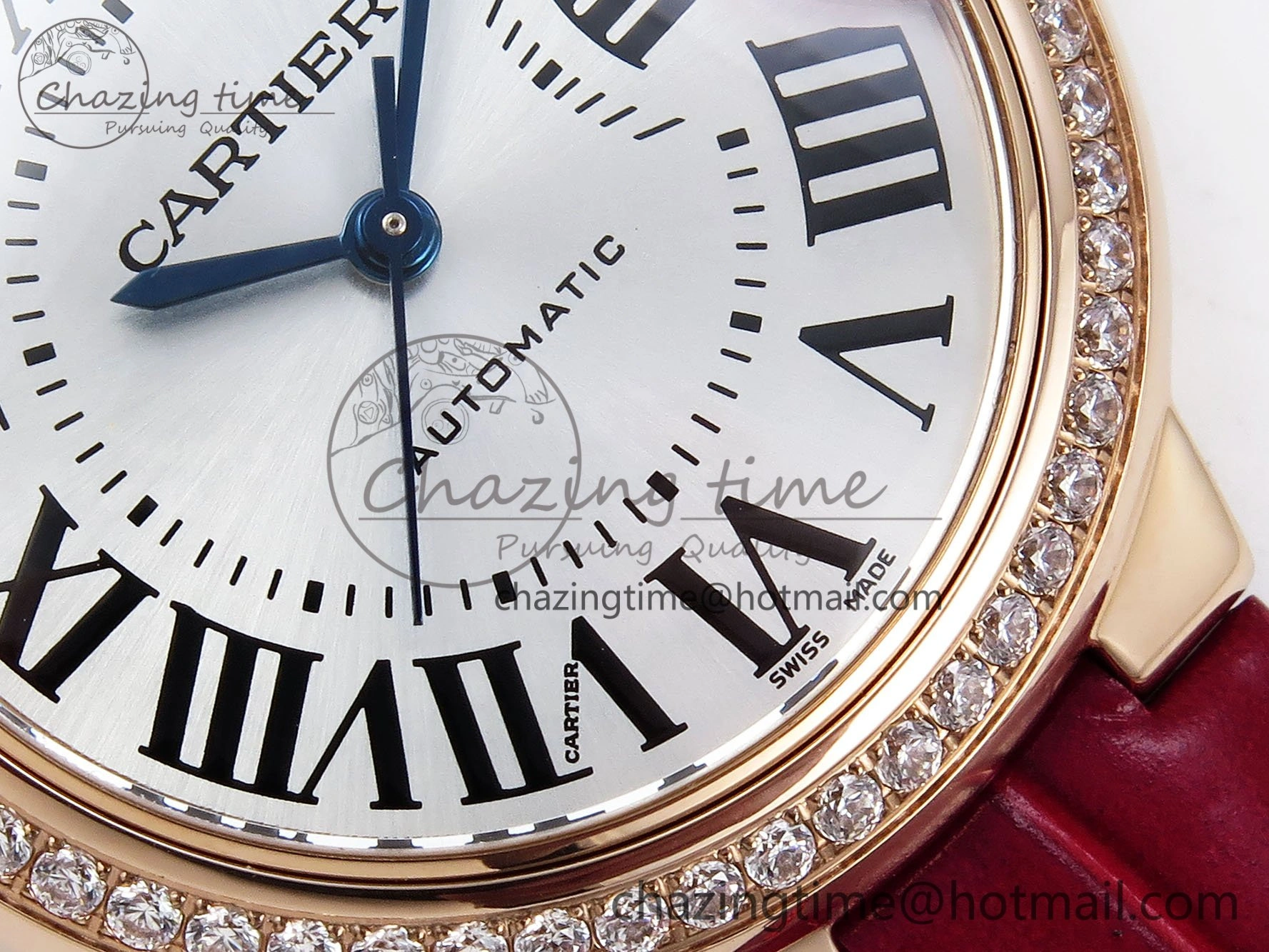 Ballon Bleu 33mm RG AF 1:1 Best Edition Silver Dial Diamonds Bezel on Red Leather Strap SEIKO NH05A TopPick 6039