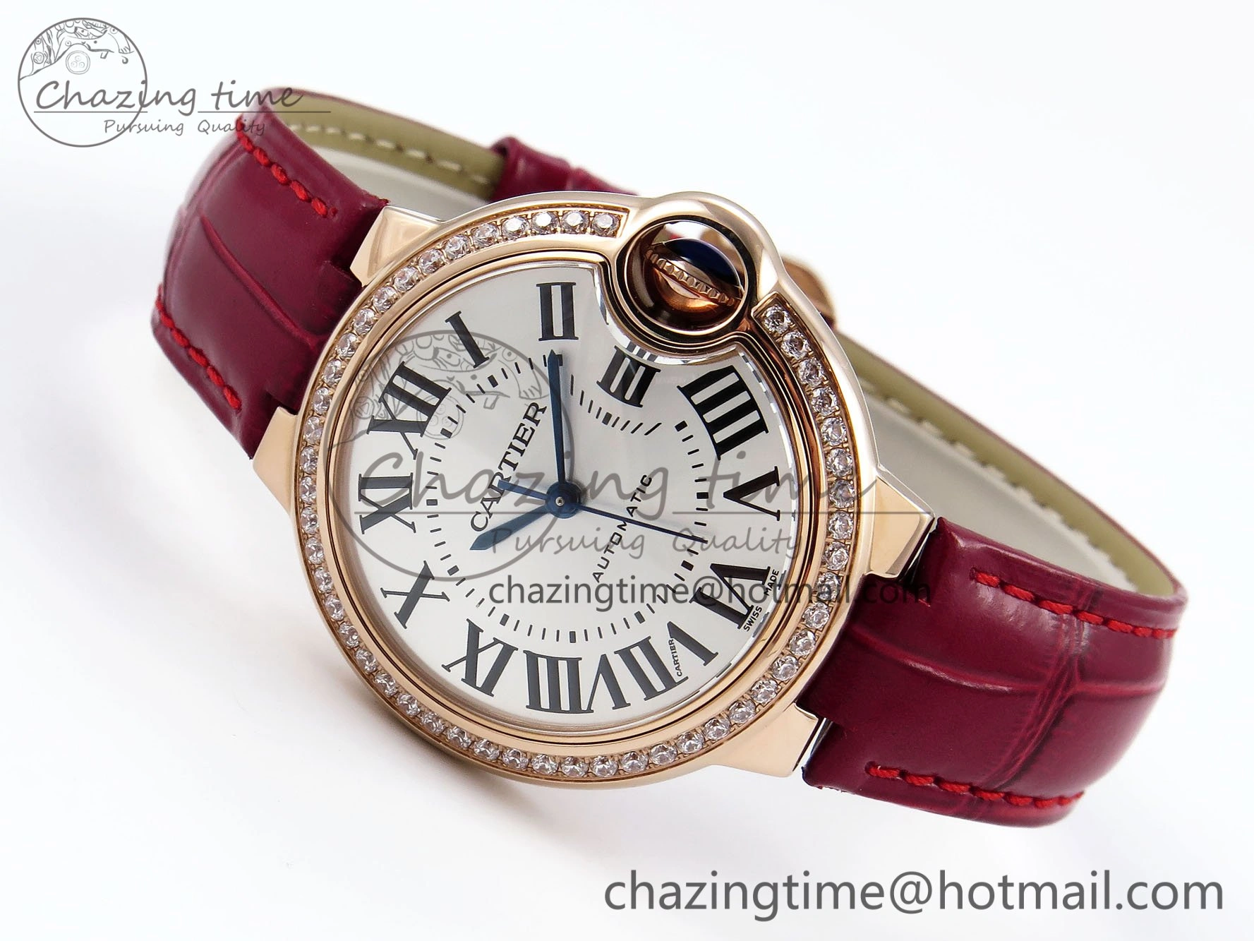 Ballon Bleu 33mm RG AF 1:1 Best Edition Silver Dial Diamonds Bezel on Red Leather Strap SEIKO NH05A TopPick 6039
