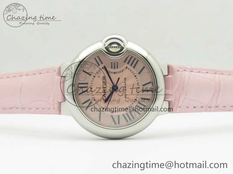 Ballon Bleu 33mm SS AF 1:1 Best Edition Pink Textured Dial on Pink Leather Strap SEIKO NH05A Breathable 6215