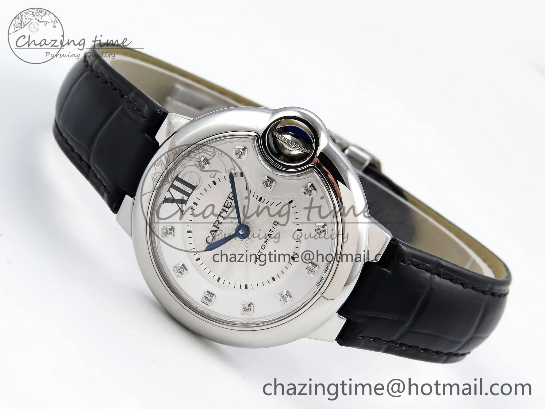 Ballon Bleu 33mm SS AF 1:1 Best Edition Silver Diamonds Dial on Black Leather Strap SEIKO NH05A TravelReady 6031
