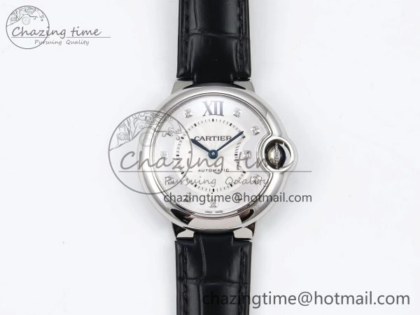 Ballon Bleu 33mm SS AF 1:1 Best Edition Silver Diamonds Dial on Black Leather Strap SEIKO NH05A TravelReady 6031
