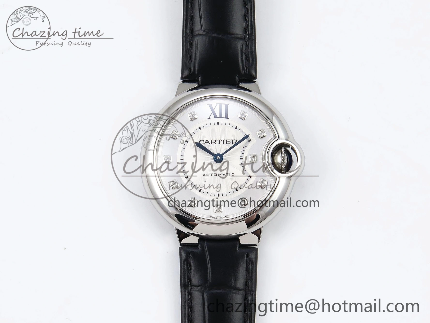 Ballon Bleu 33mm SS AF 1:1 Best Edition Silver Diamonds Dial on Black Leather Strap SEIKO NH05A TravelReady 6031