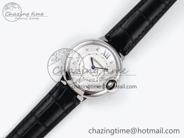 Ballon Bleu 33mm SS AF 1:1 Best Edition Silver Diamonds Dial on Black Leather Strap SEIKO NH05A TravelReady 6031