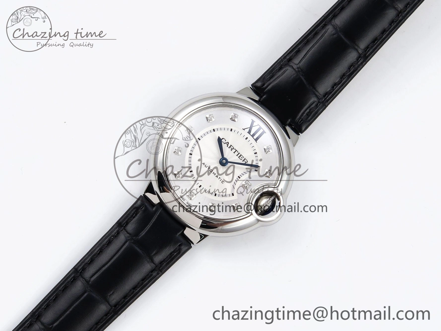Ballon Bleu 33mm SS AF 1:1 Best Edition Silver Diamonds Dial on Black Leather Strap SEIKO NH05A TravelReady 6031