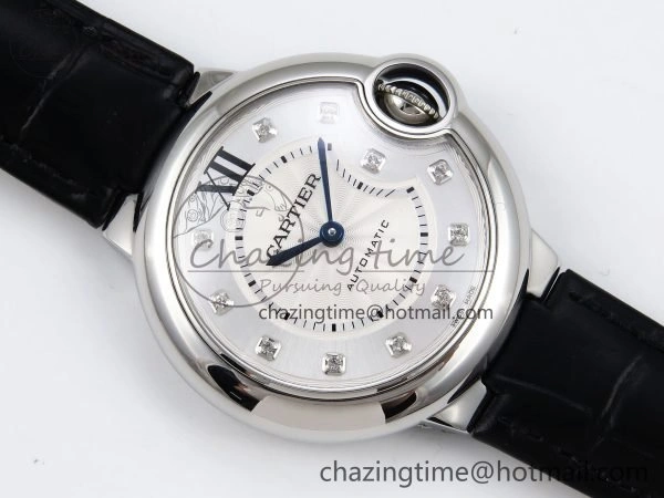 Ballon Bleu 33mm SS AF 1:1 Best Edition Silver Diamonds Dial on Black Leather Strap SEIKO NH05A TravelReady 6031
