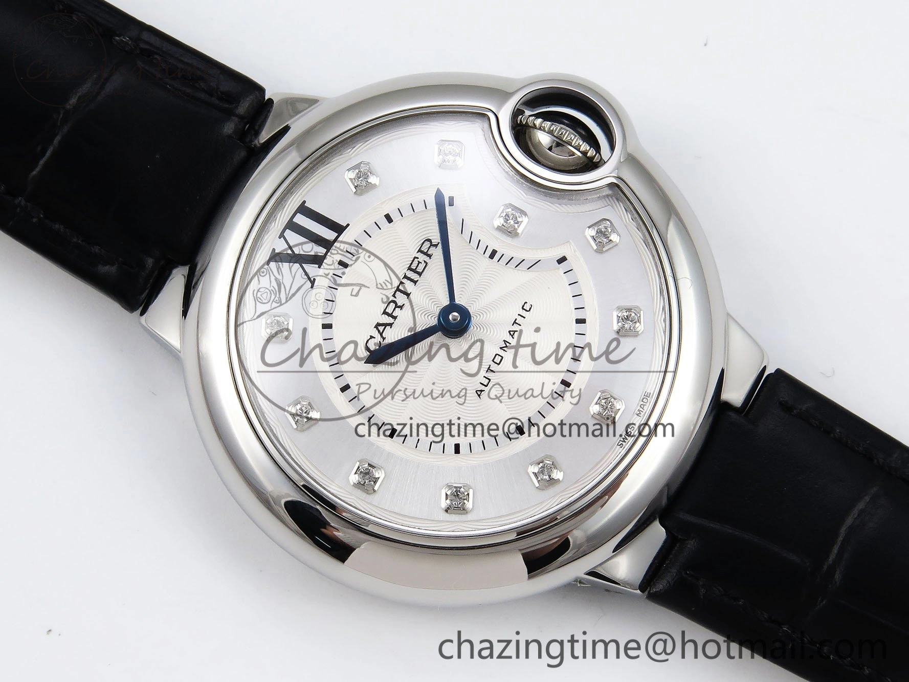 Ballon Bleu 33mm SS AF 1:1 Best Edition Silver Diamonds Dial on Black Leather Strap SEIKO NH05A TravelReady 6031