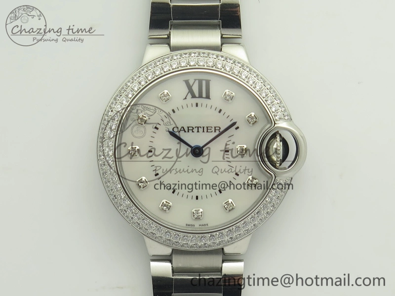 Ballon Bleu 33mm SS Diamond Bezel V6F 1:1 Best Edition White MOP Dial On SS Bracelet Quartz WeatherProof 6240
