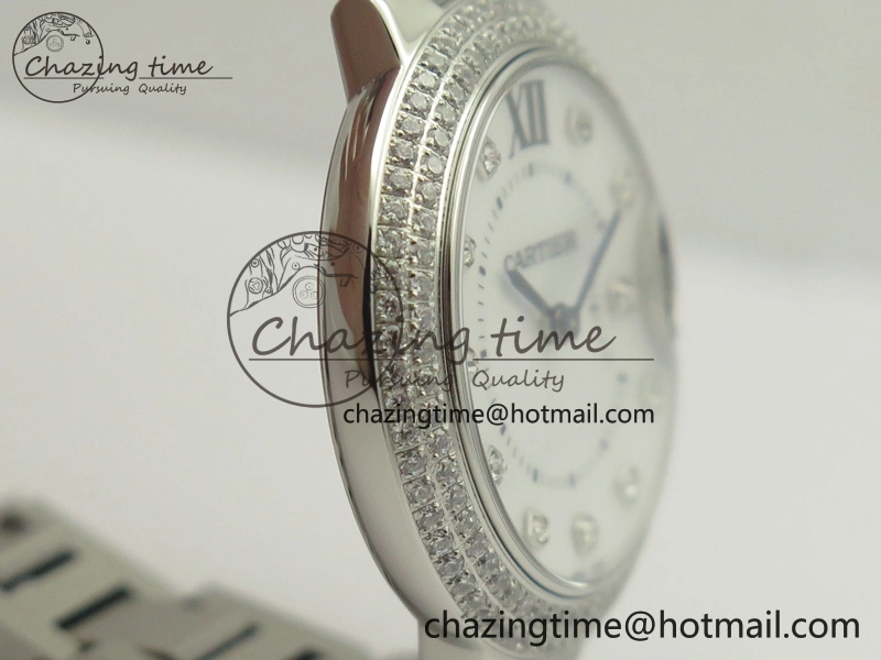 Ballon Bleu 33mm SS Diamond Bezel V6F 1:1 Best Edition White MOP Dial On SS Bracelet Quartz WeatherProof 6240
