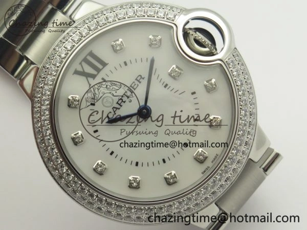 Ballon Bleu 33mm SS Diamond Bezel V6F 1:1 Best Edition White MOP Dial On SS Bracelet Quartz WeatherProof 6240