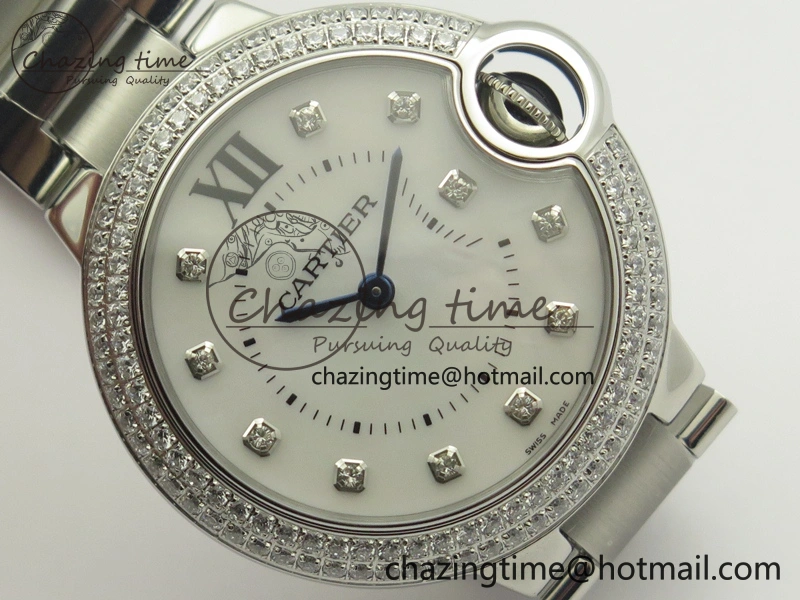 Ballon Bleu 33mm SS Diamond Bezel V6F 1:1 Best Edition White MOP Dial On SS Bracelet Quartz WeatherProof 6240