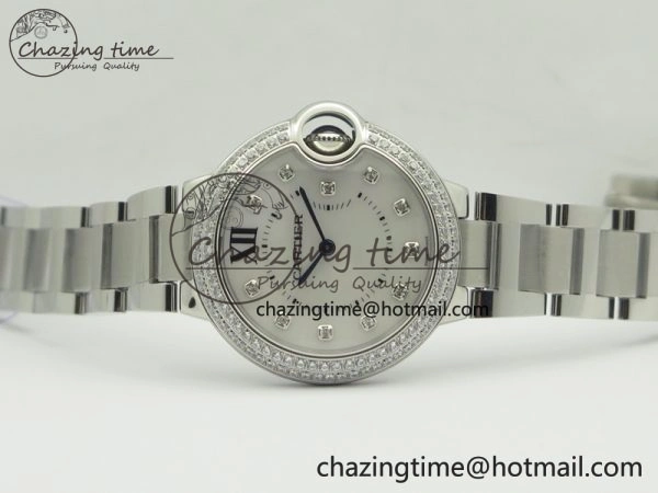 Ballon Bleu 33mm SS Diamond Bezel V6F 1:1 Best Edition White MOP Dial On SS Bracelet Quartz WeatherProof 6240