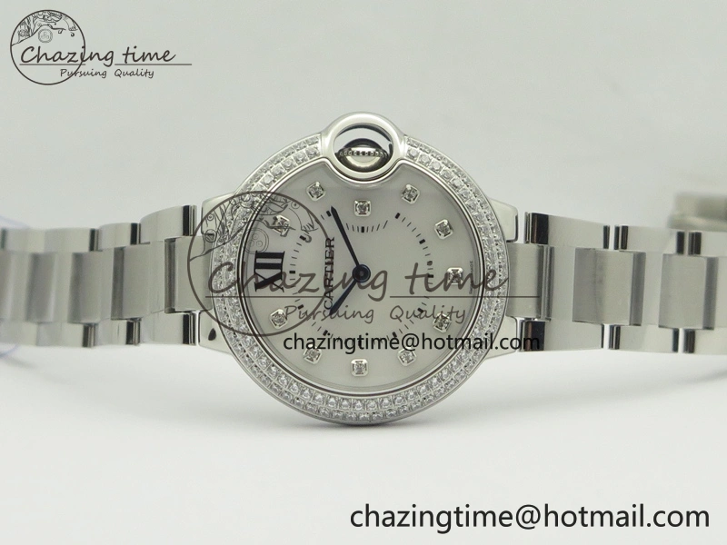 Ballon Bleu 33mm SS Diamond Bezel V6F 1:1 Best Edition White MOP Dial On SS Bracelet Quartz WeatherProof 6240