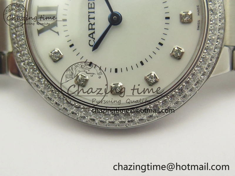 Ballon Bleu 33mm SS Diamond Bezel V6F 1:1 Best Edition White MOP Dial On SS Bracelet Quartz WeatherProof 6240
