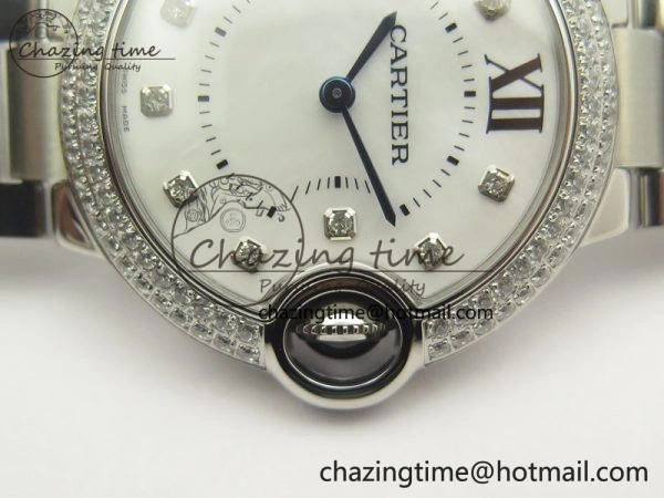 Ballon Bleu 33mm SS Diamond Bezel V6F 1:1 Best Edition White MOP Dial On SS Bracelet Quartz WeatherProof 6240