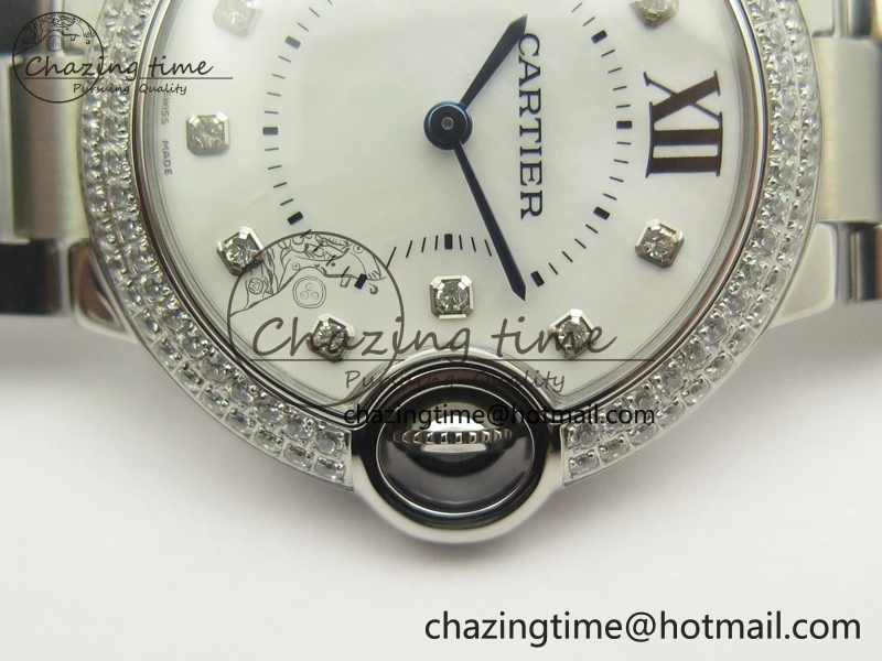 Ballon Bleu 33mm SS Diamond Bezel V6F 1:1 Best Edition White MOP Dial On SS Bracelet Quartz WeatherProof 6240