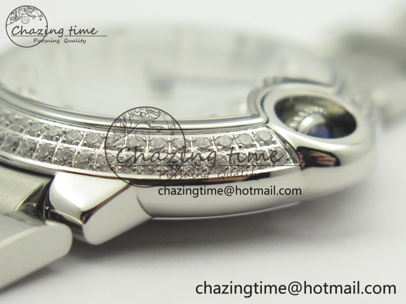 Ballon Bleu 33mm SS Diamond Bezel V6F 1:1 Best Edition White MOP Dial On SS Bracelet Quartz WeatherProof 6240
