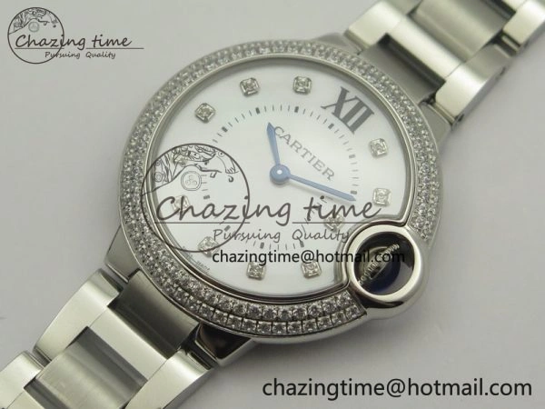 Ballon Bleu 33mm SS Diamond Bezel V6F 1:1 Best Edition White MOP Dial On SS Bracelet Quartz WeatherProof 6240