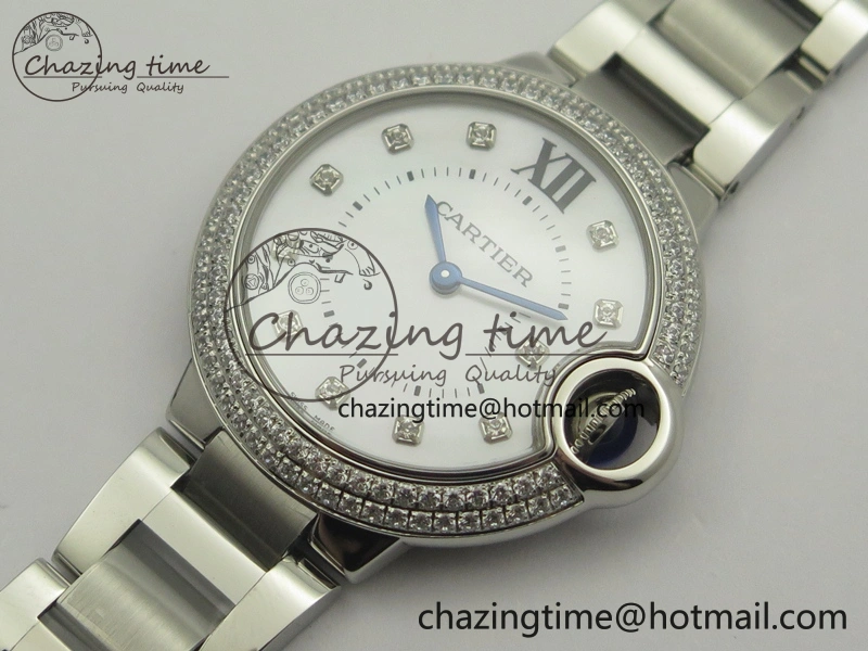 Ballon Bleu 33mm SS Diamond Bezel V6F 1:1 Best Edition White MOP Dial On SS Bracelet Quartz WeatherProof 6240
