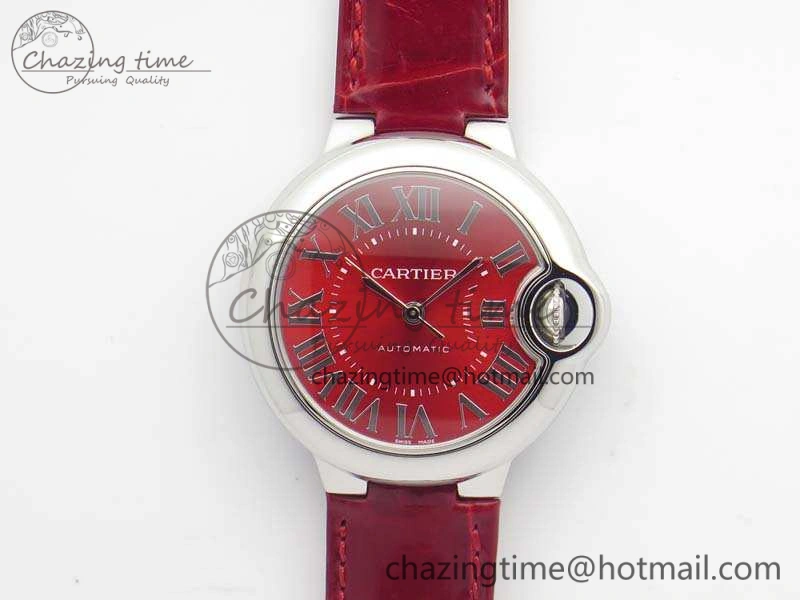Ballon Bleu 33mm SS V6F 1:1 Best Edition Red Dial On Leather Strap SEIKO NH05A SoftTouch 6259