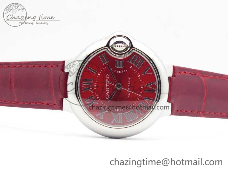 Ballon Bleu 33mm SS V6F 1:1 Best Edition Red Dial On Leather Strap SEIKO NH05A SoftTouch 6259