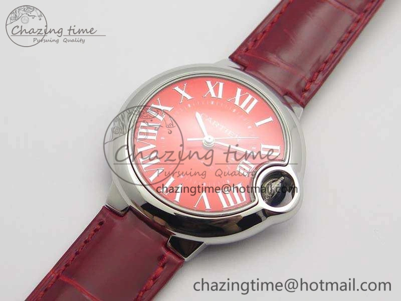 Ballon Bleu 33mm SS V6F 1:1 Best Edition Red Dial On Leather Strap SEIKO NH05A SoftTouch 6259
