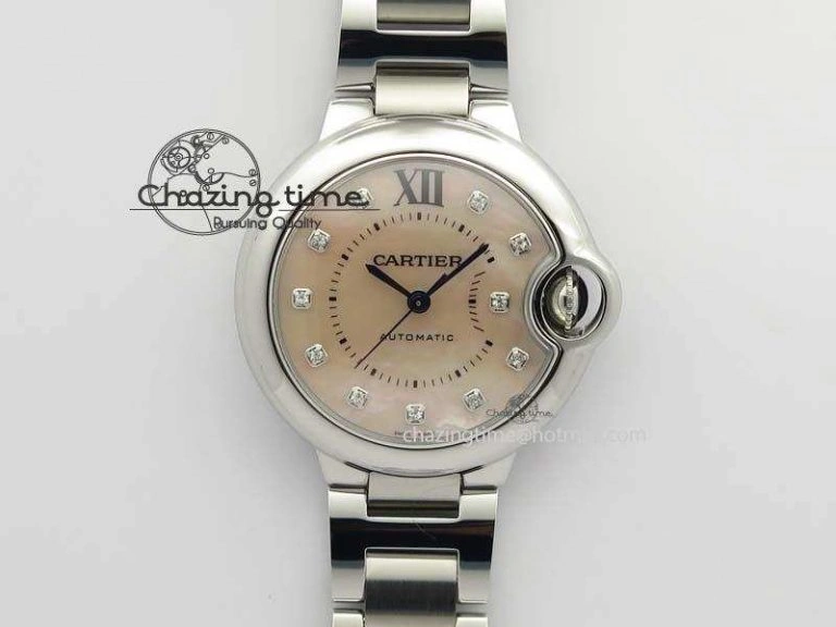 Trendsetting Ballon Bleu 33mm SS V6F Diamond Markers Pink Mop Dial On SS Bracelet Ronda Quartz 10769